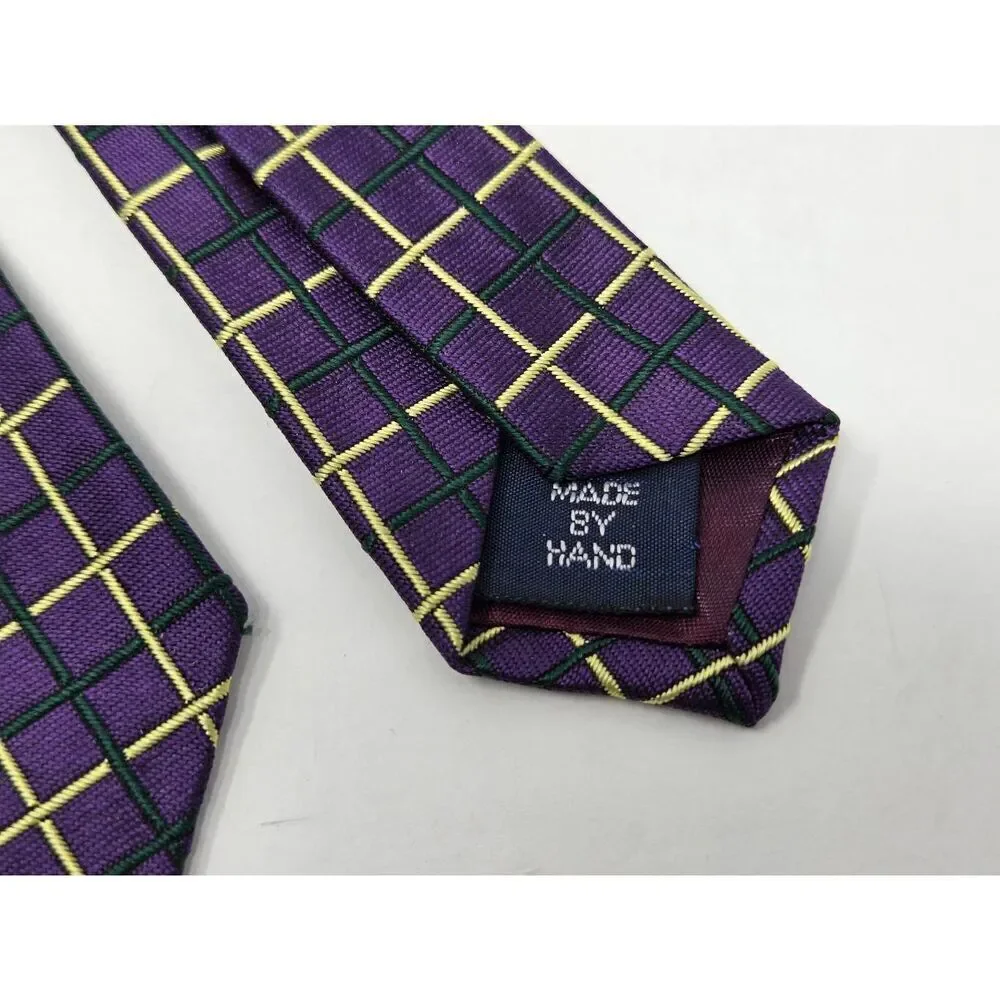 POLO RALPH LAUREN SILK TIE PURPLE YELLOW GREEN SATIN JACQUARD PLAID 4